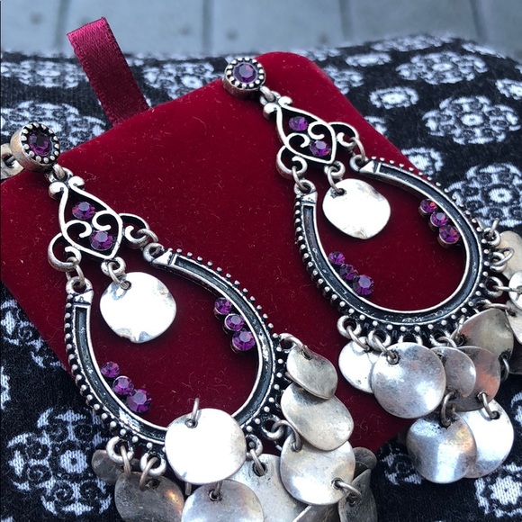 Silver dangles with disks and purple rhinestones - Picture 2 of 3
